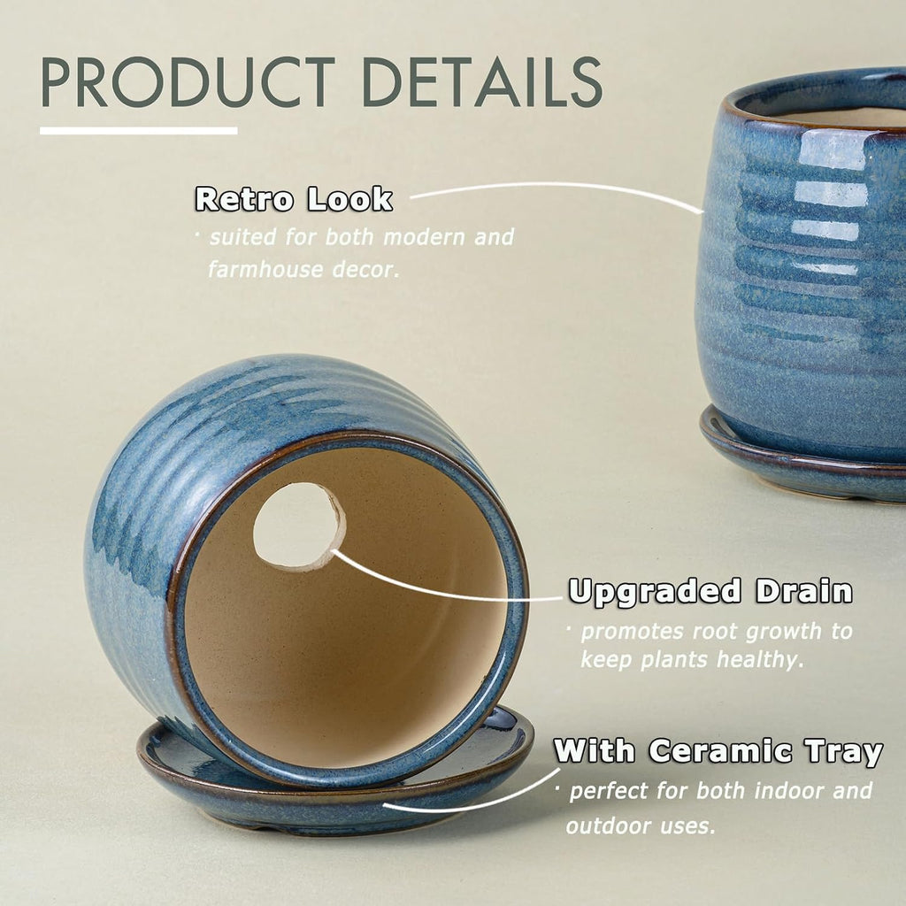 Ceramic Plant Pots with Drainage Holes and Saucers, Indoor Flower Pots for Plants Set of 3, 3.4+4.7+6.1 inch Cute