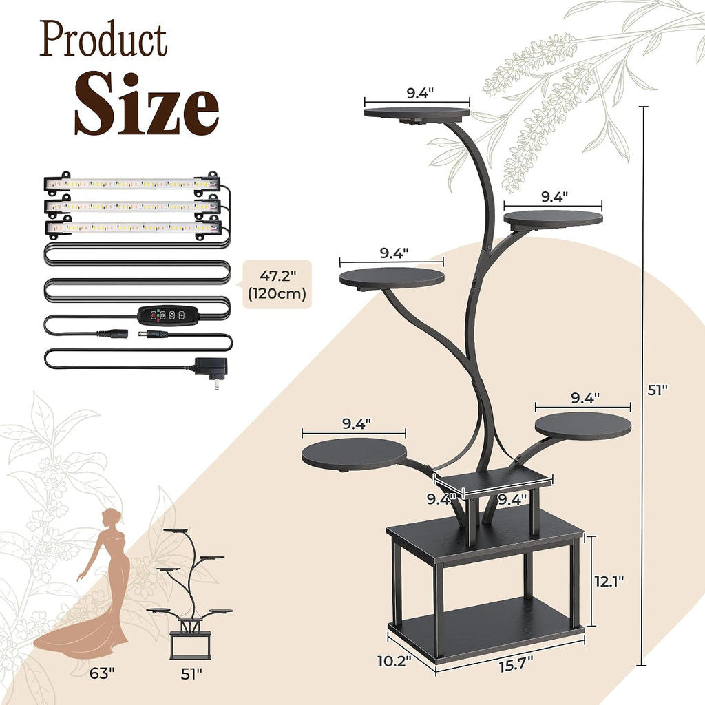 51 Inch Plant Stand with Grow Lights, 8 Tiered Indoor Plant Shelf | Corner Plant Rack with Larger Flower Holder