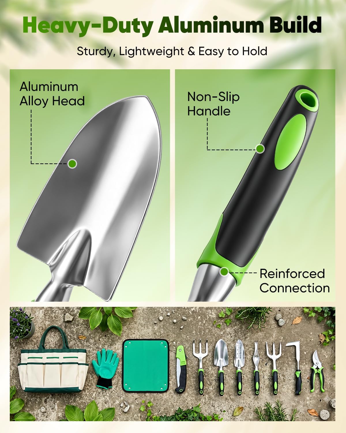 Garden Tool Set Gardening Tools - Heavy Duty Aluminum Tool Kit with Non-Slip Handle, Gardening Gloves and Tool Bag for
