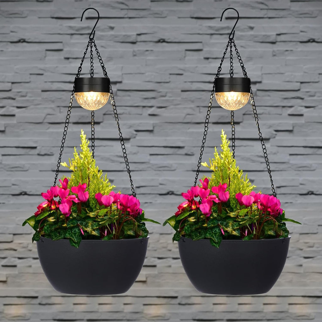 BAYN 2 Packs Solar Hanging Basket Planters for Plants Outdoor | Self Watering, Black Flower Pots with Solar Light