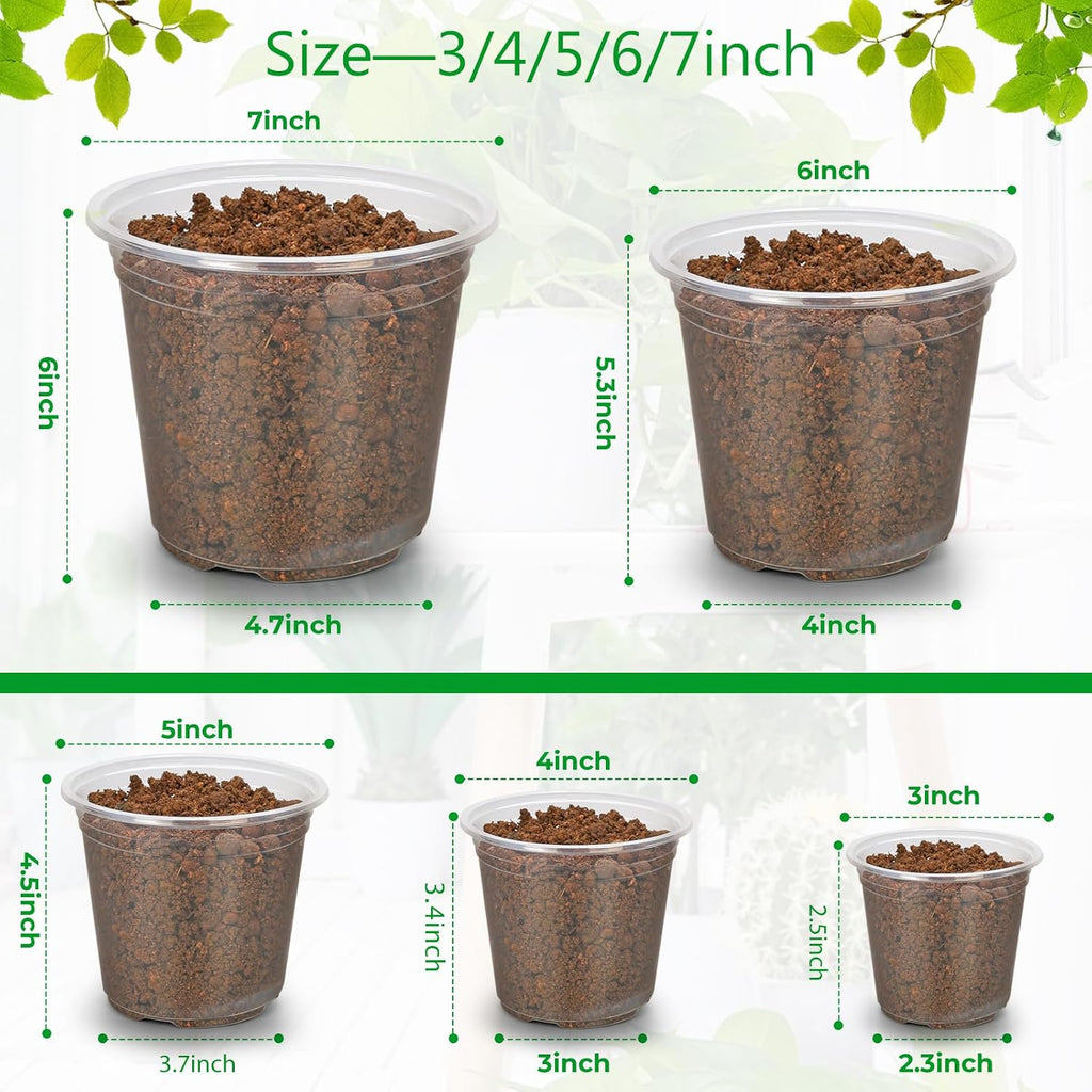 FUIJOL 50 Pack 3/4/5/6/7 Inch Clear Nursery Pots with Drainage Holes | Durable Plastic Nursery Pots for Plants