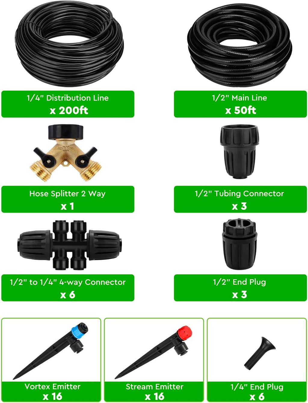 250FT Drip Irrigation System for Garden - 50FT 1/2" Main Tube & 200FT 1/4" Branch Tubing, Brass Splitter, Quick Connect