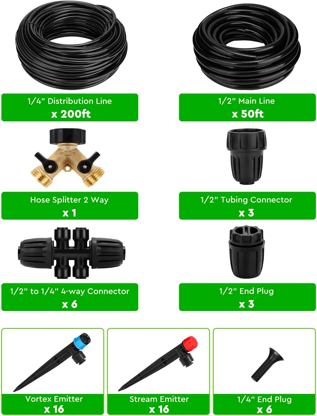 250FT Drip Irrigation System for Garden - 50FT 1/2" Main Tube & 200FT 1/4" Branch Tubing, Brass Splitter, Quick Connect