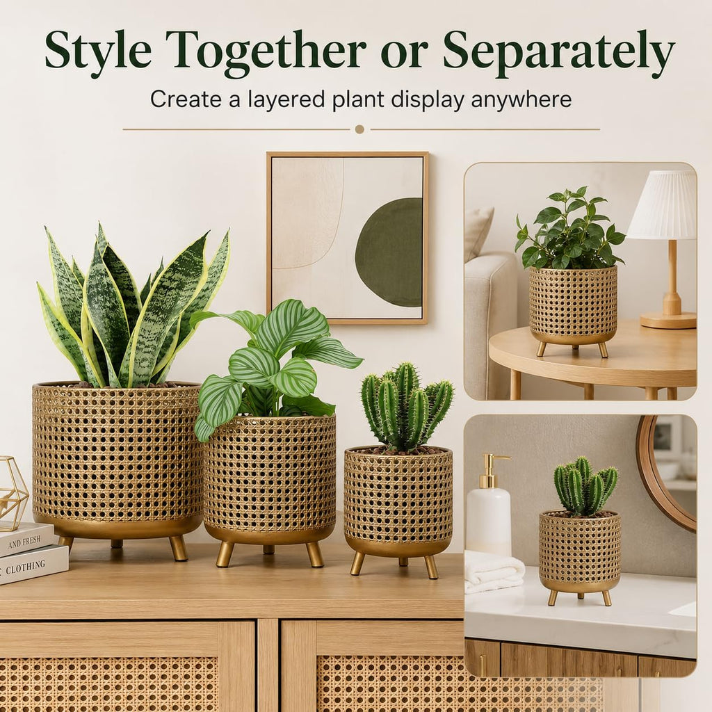 JHY DESIGN Set of 3 Plant Pots 10/8.5/7''H Metal Decoration Flower Pots with Hollow Design Large planters for Indoor &