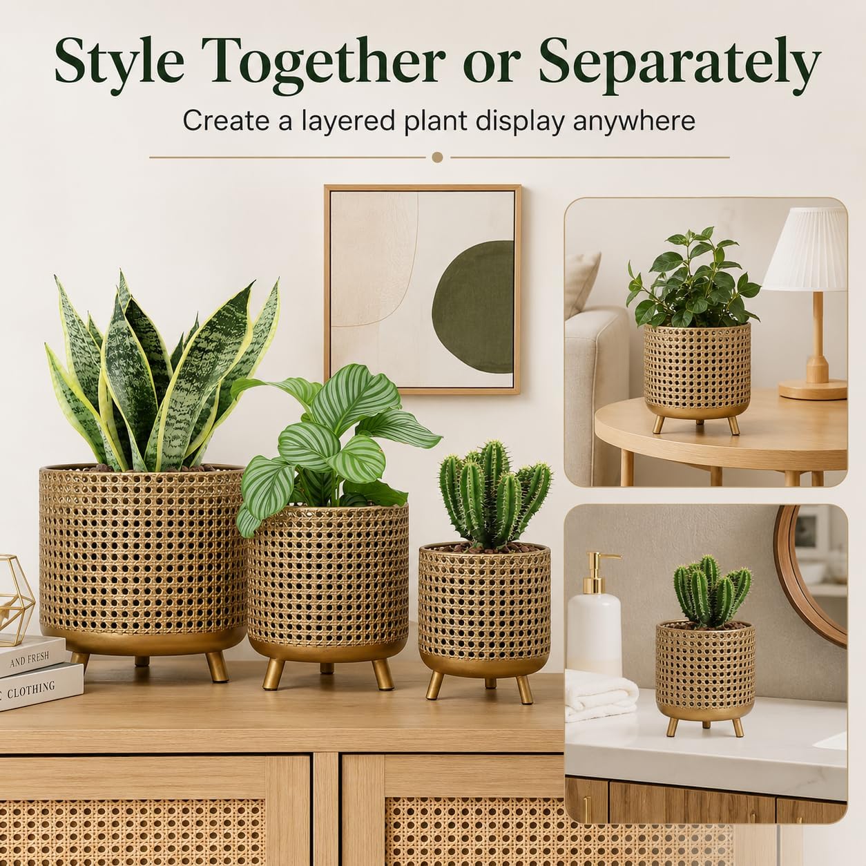 JHY DESIGN Set of 3 Plant Pots 10/8.5/7''H Metal Decoration Flower Pots with Hollow Design Large planters for Indoor &