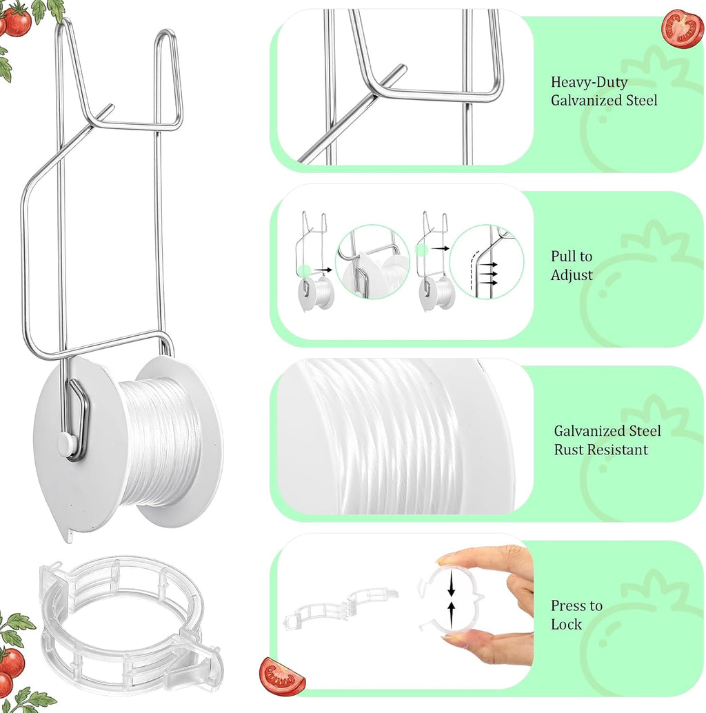 Novabright 50 Pack Tomato Support Hooks with 49 Feet String and 100 Pcs Clips Greenhouse Trellis Roller Tomato Hooks