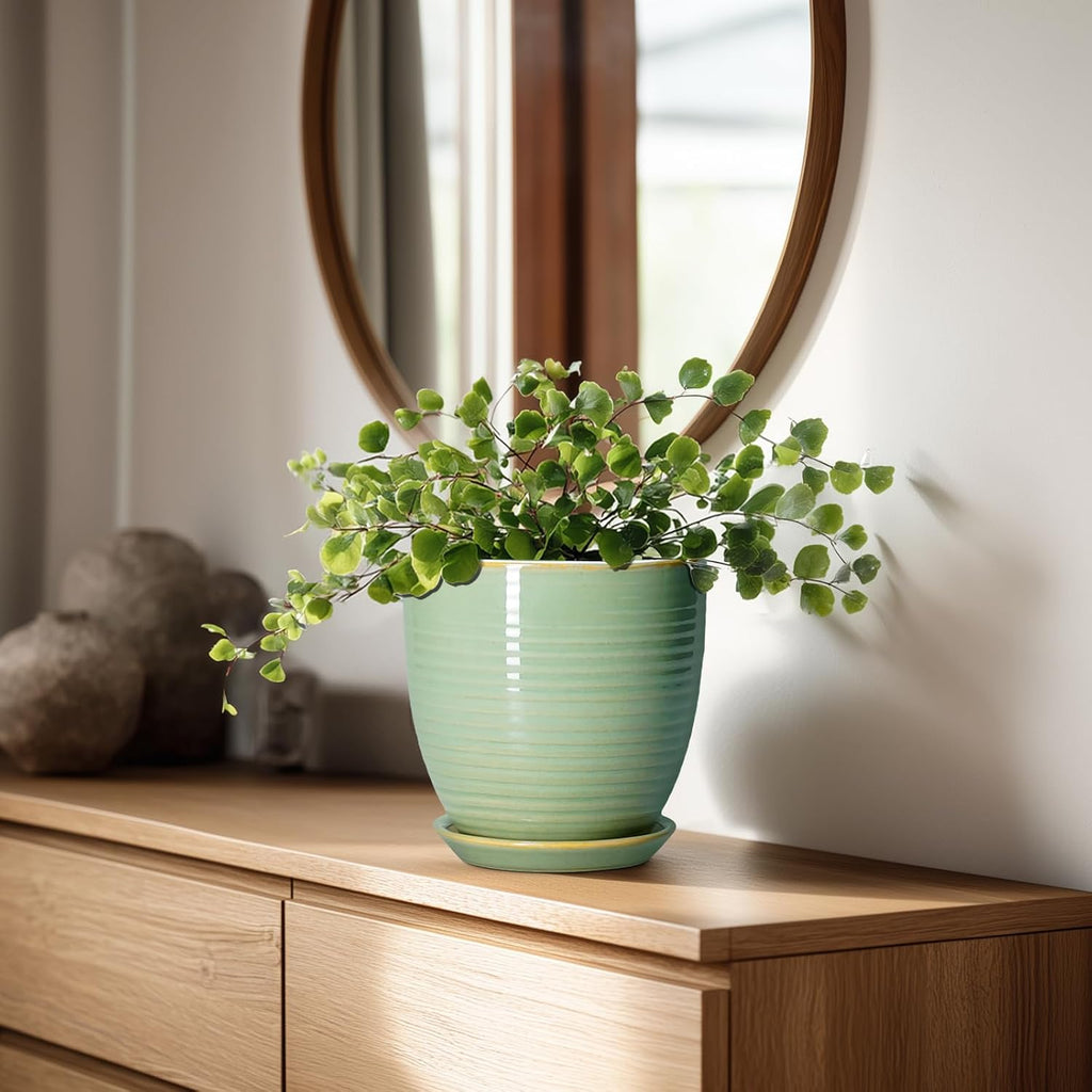Ceramic Plant Pots - 6 Inch Ceramic Planter with Drainage Hole and Saucer, Modern Planters for Indoor Outdoor Plants