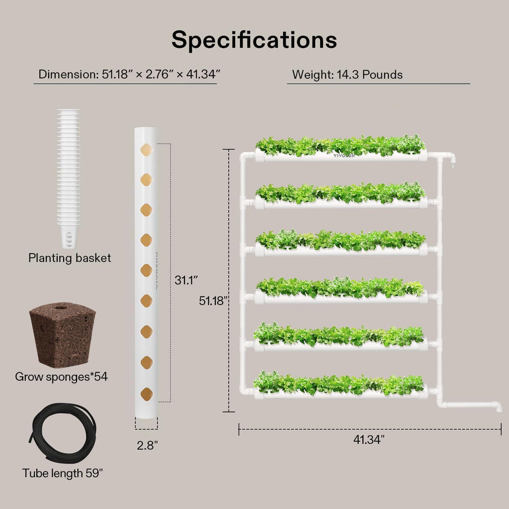 VIVOSUN Hydroponic Grow Kit, 54 Plant Sites 6 Food-Grade PVC-U Pipes Hydroponics Planting System with Water Pump, Pump