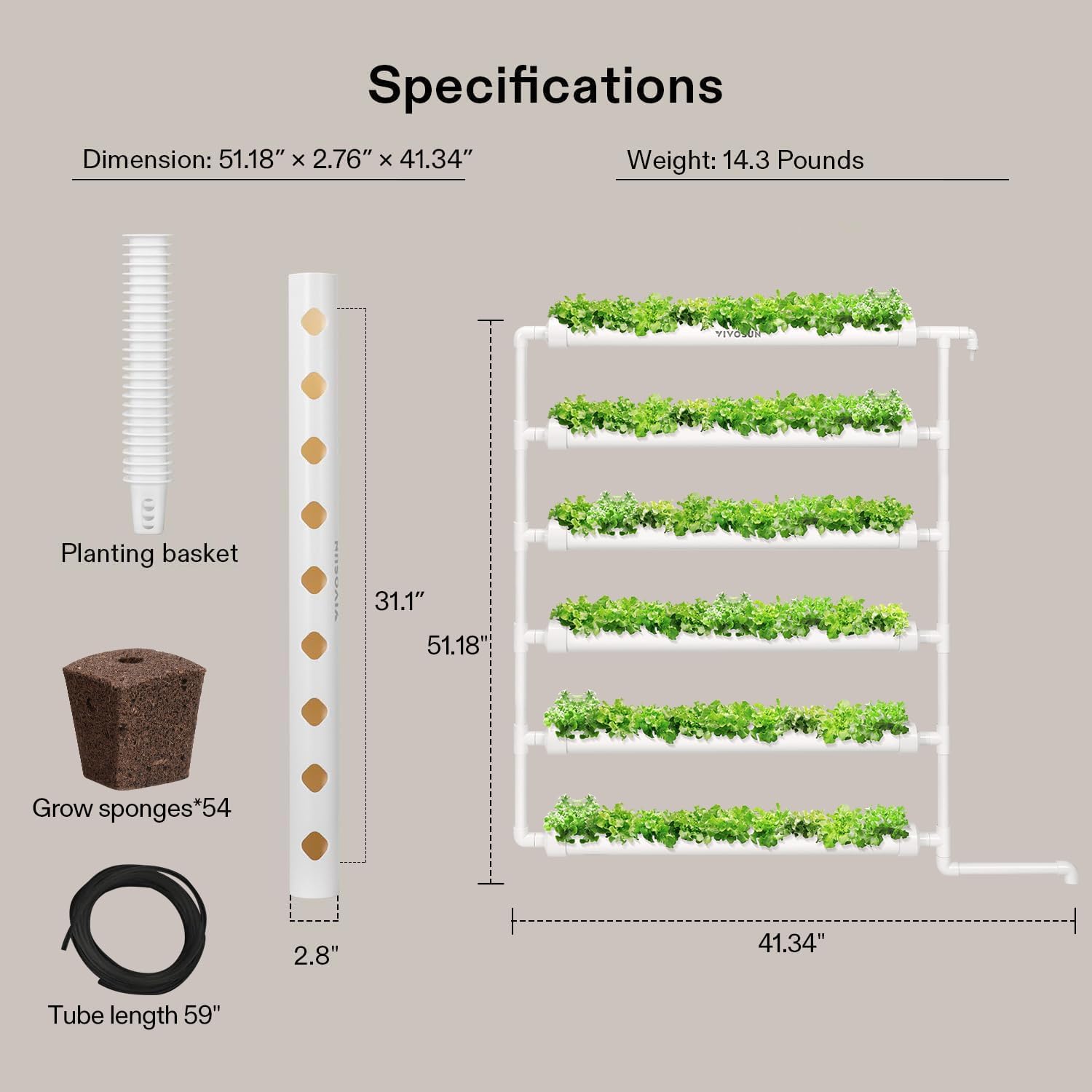 VIVOSUN Hydroponic Grow Kit, 54 Plant Sites 6 Food-Grade PVC-U Pipes Hydroponics Planting System with Water Pump, Pump