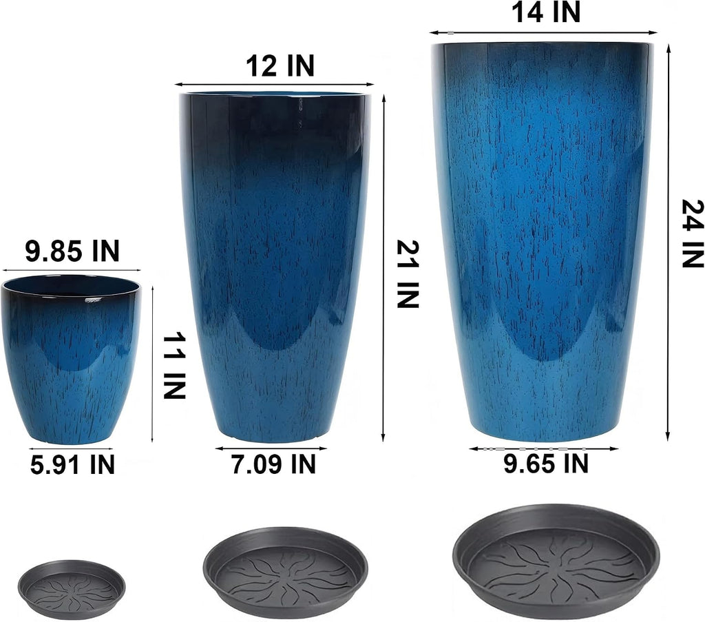 24,21,11 Inch Large Plastic Planters with Drainage Hole and Saucer - Set of 3 Tall Plant Pots Indoor Flower Pot Tall
