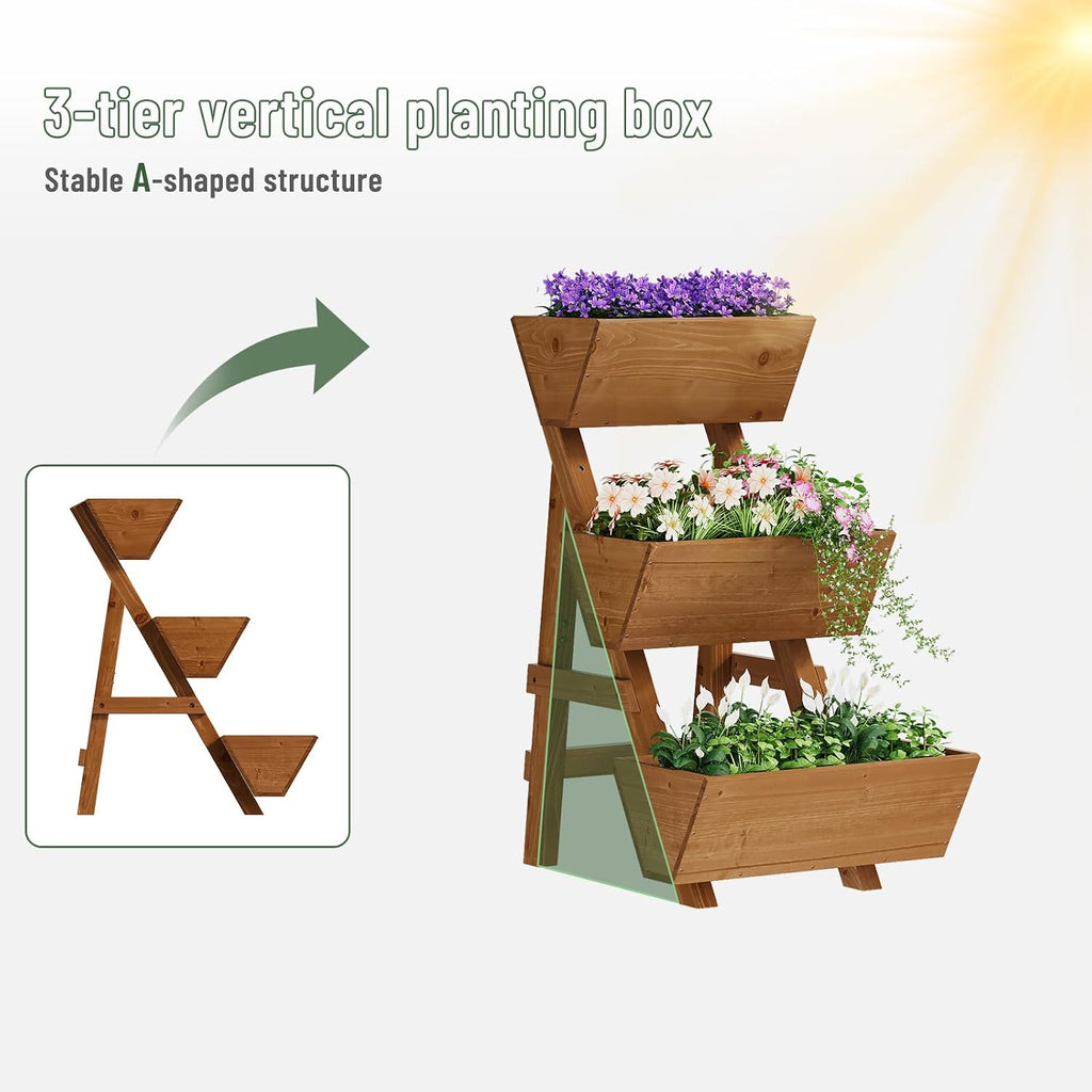 3-Tier Vertical Wooden Raised Garden Bed, Garden Planter Box, Small-Brown | Freestanding Wood Flower Rack, Planter Box