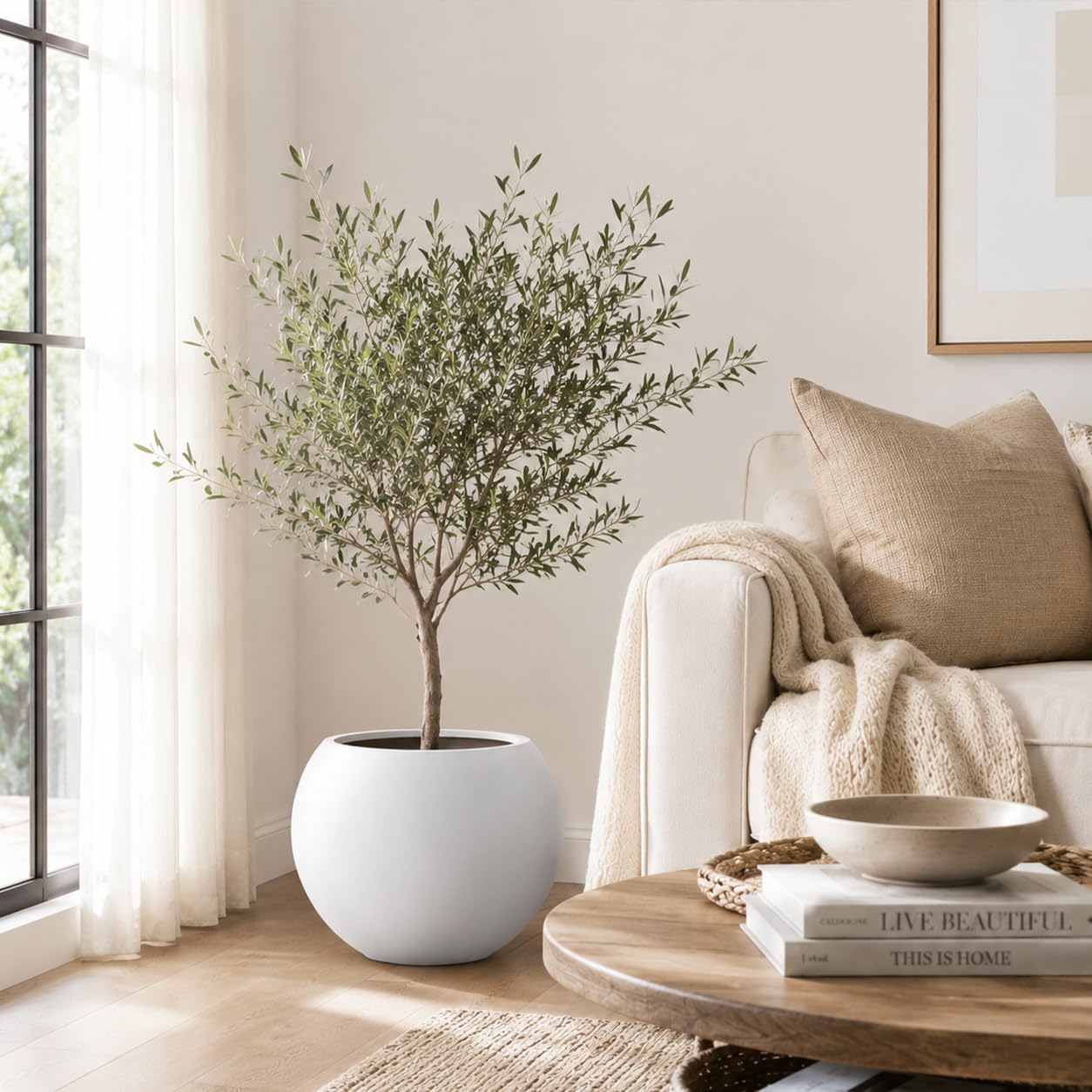 13.5" H x 17" Dia White Fiberstone Planter Pot with Drainage Hole, Large Round Indoor Outdoor Flower Pot for Artificial