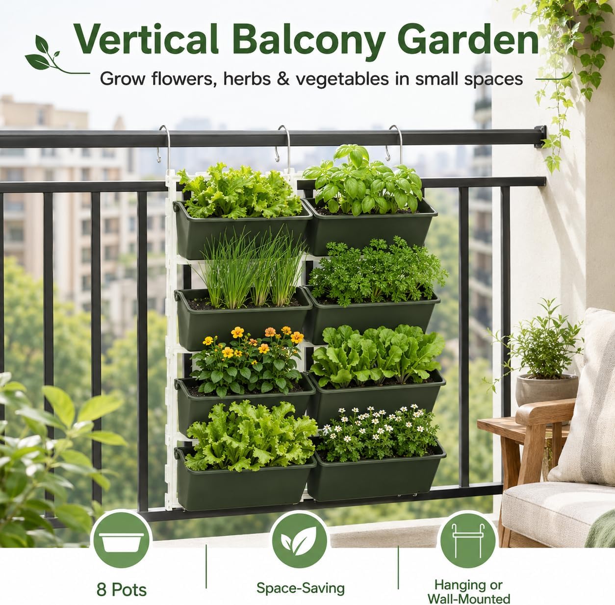 Vertical Garden Wall Planter, 4-Tier Stackable Wall Planter with 8 Pockets | for Indoor Outdoor Vegetables, Flowers