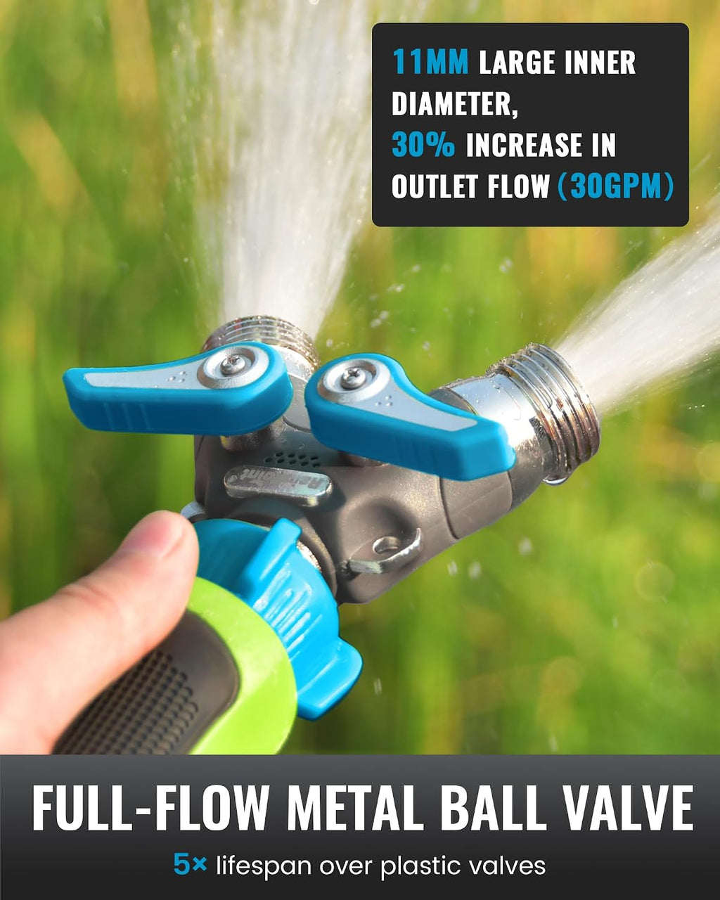 RAINPOINT Garden Hose Splitter, 2 Way Heavy Duty Water Hose Y Spigot Splitter with Shutoff Valves, 100% Metal Body