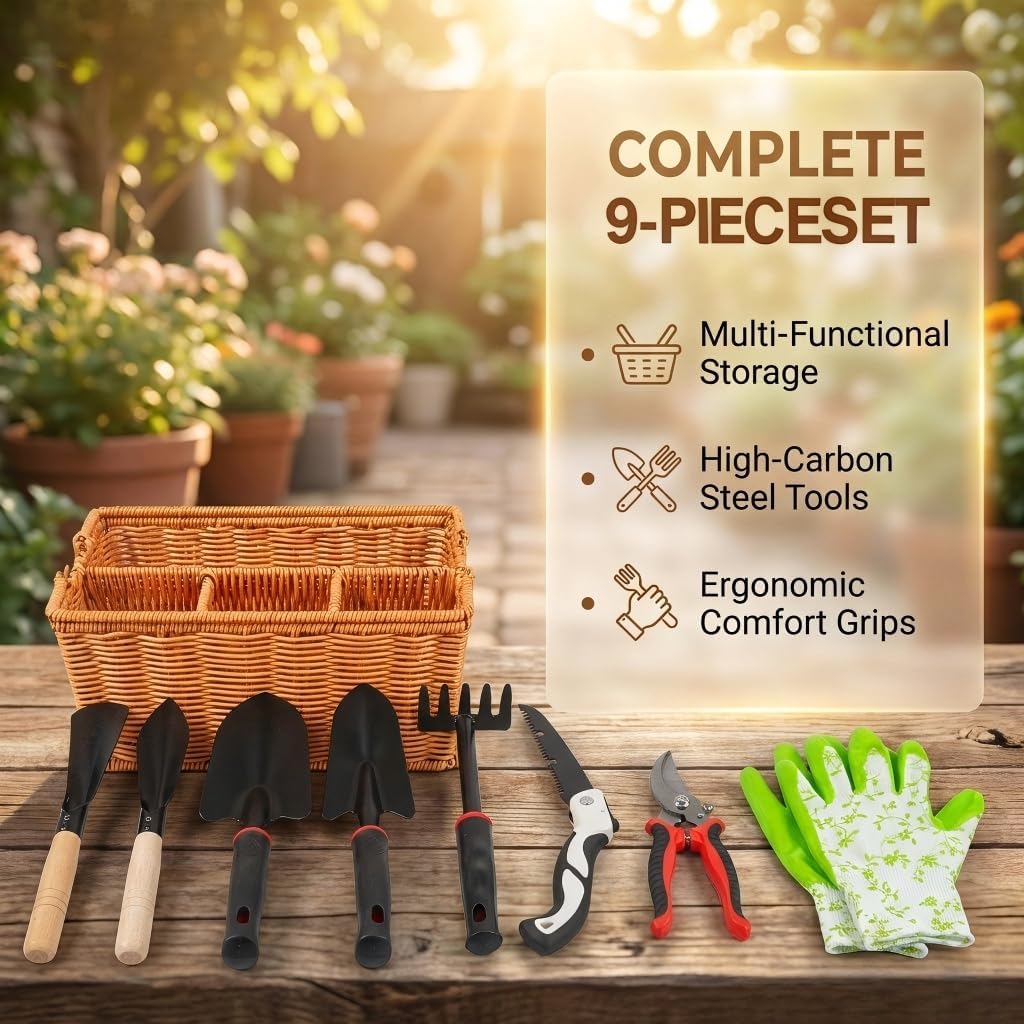 Garden Tools Set, 9 Pieces, Brown | Heavy Duty Stainless Steel, Includes Basket, Pruning Shears, Gloves Included, For