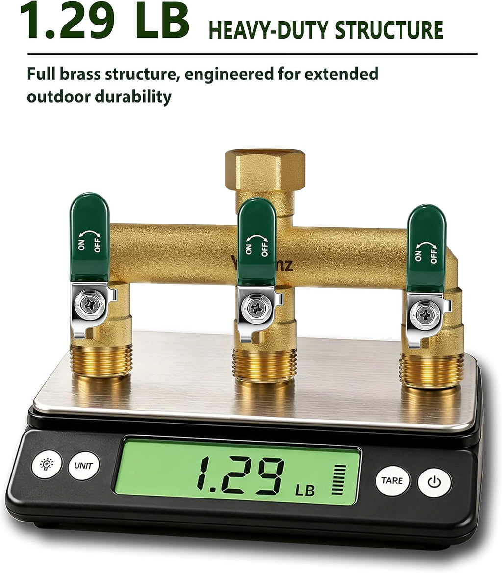 3 Way Garden Hose Splitter, 3/4" GHT Full Flow Hose Splitter | One-Piece Heavy Duty Full Brass Body with Shut-off