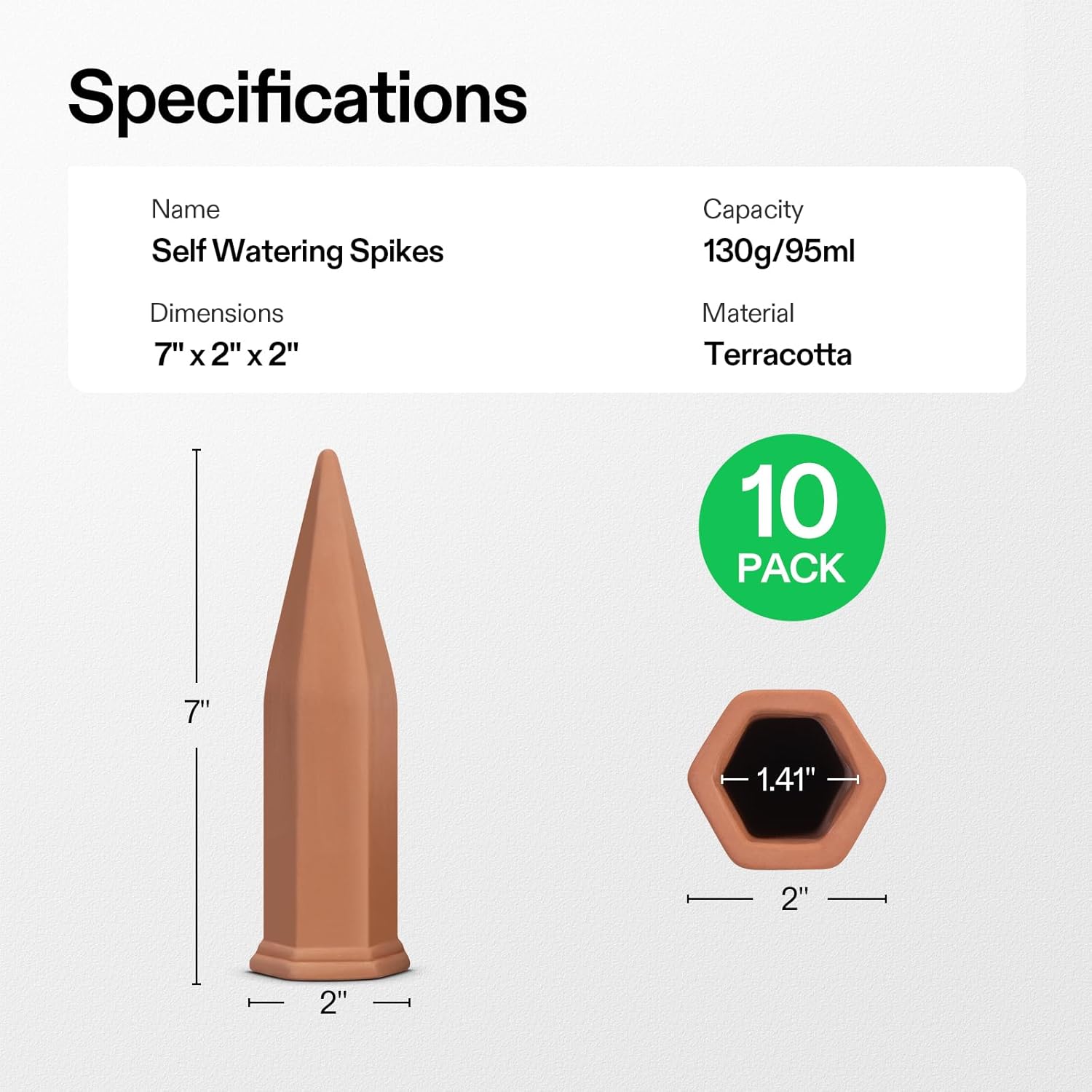 VIVOSUN 10Pcs Self-Watering Spikes, 7 Inch Hexagonal Terracotta Watering Stakes, Auto-Water Device, Planter Insert for