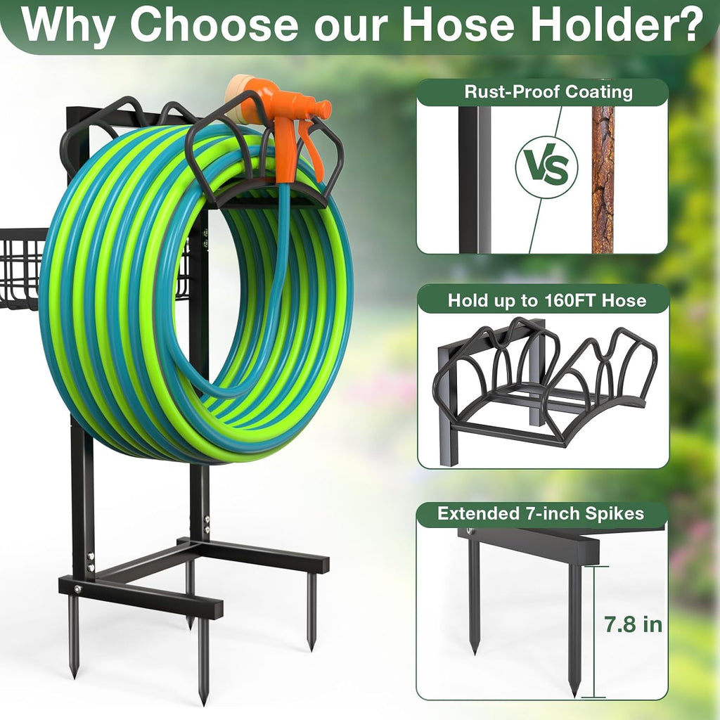 Qatsrin Garden Hose Holder with Large Basket, Heavy Duty Hose Reel, Black | Upgraded Water Hose Storage Stand Holds