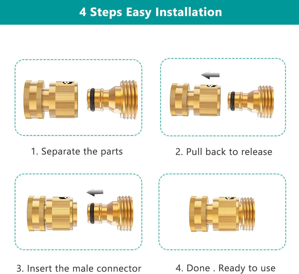 FINEST+ Garden Hose Quick Connector, Solid Brass 3/4 Inch Thread Fitting No-Leak Water Hose Female and Male Easy