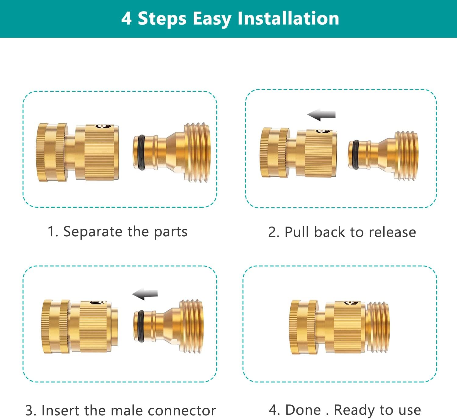 FINEST+ Garden Hose Quick Connector, Solid Brass 3/4 Inch Thread Fitting No-Leak Water Hose Female and Male Easy