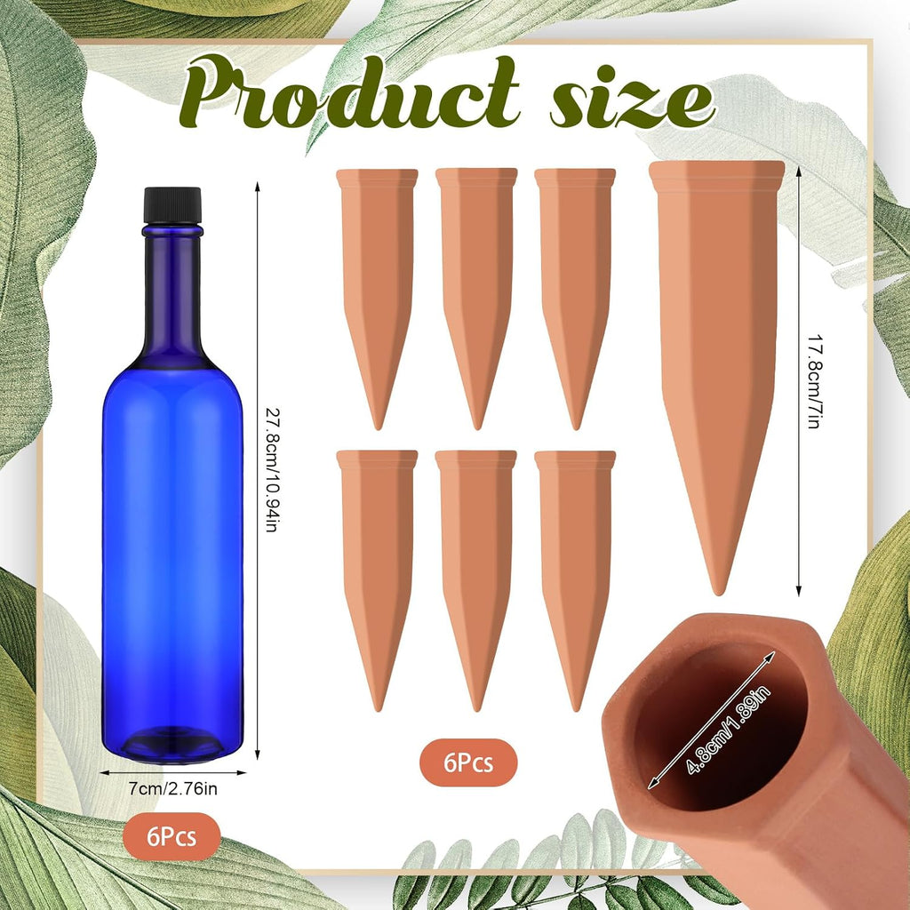 SiliFine 6 Sets Terracotta Watering Spikes,Dark Blue and Terracotta | 26 oz Bottles for Slow Release Watering, Self
