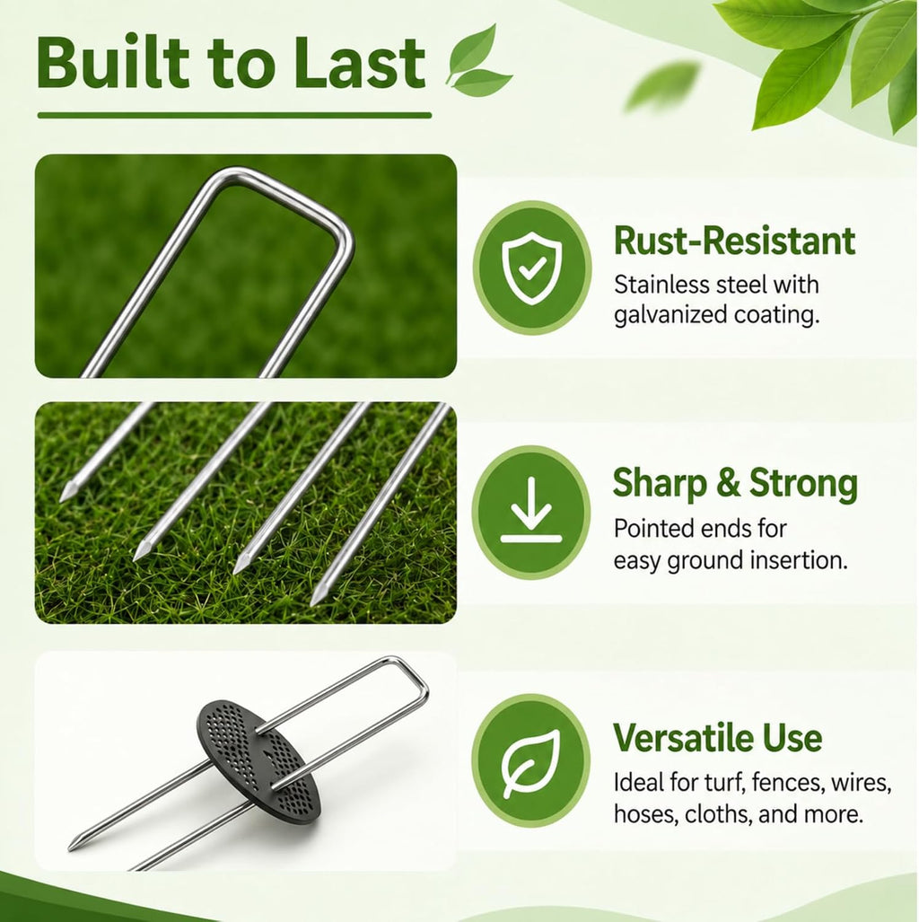100 Pack Landscape Staples with 50 Washers, 6 Inch 11 Gauge U-Shaped Galvanized Garden Stakes, Heavy Duty Lawn Pins