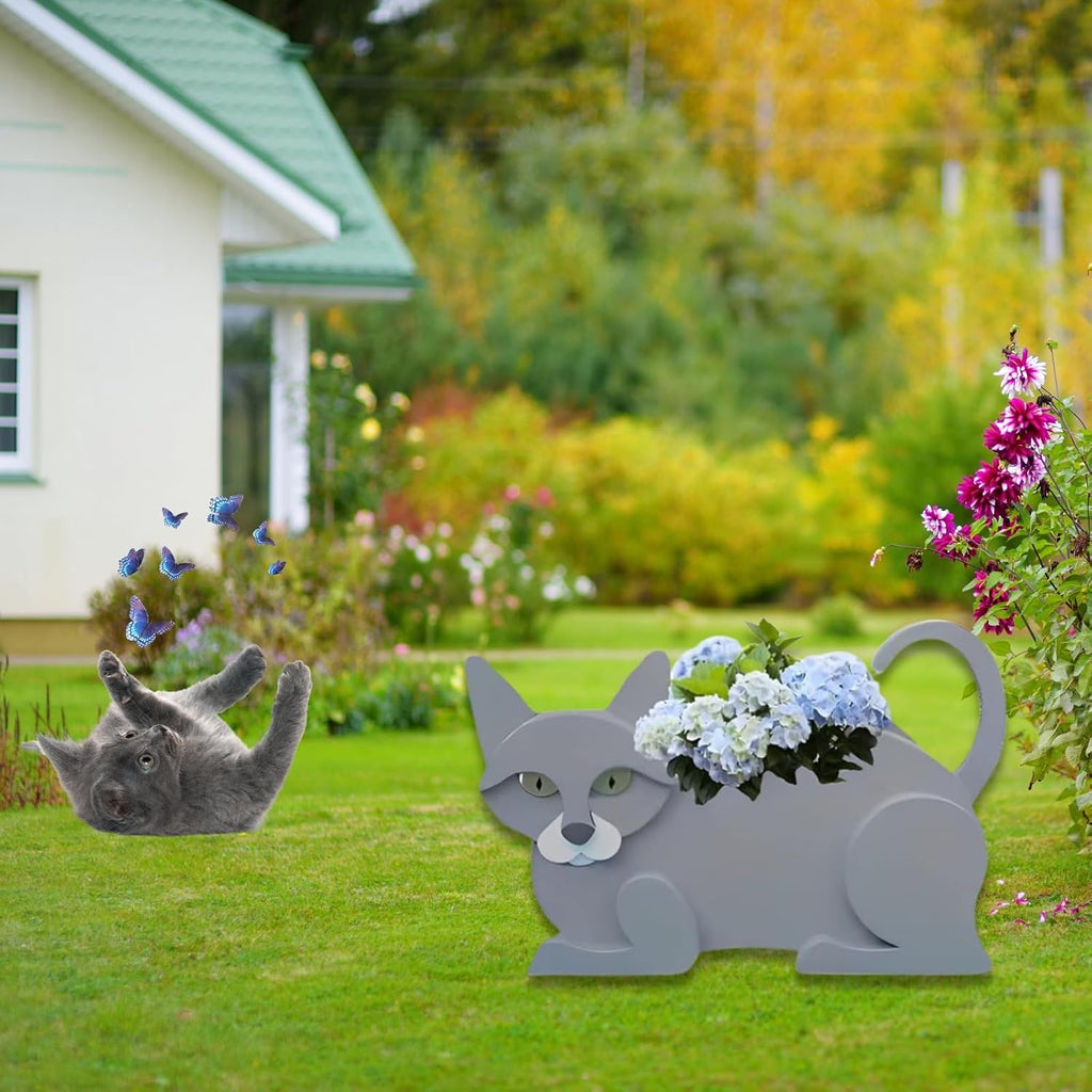 British Short Cat Planter Pots, Animal Shaped Flower Pot | Cute Plant Gift for Women and Pet Lovers, Indoor Outdoor
