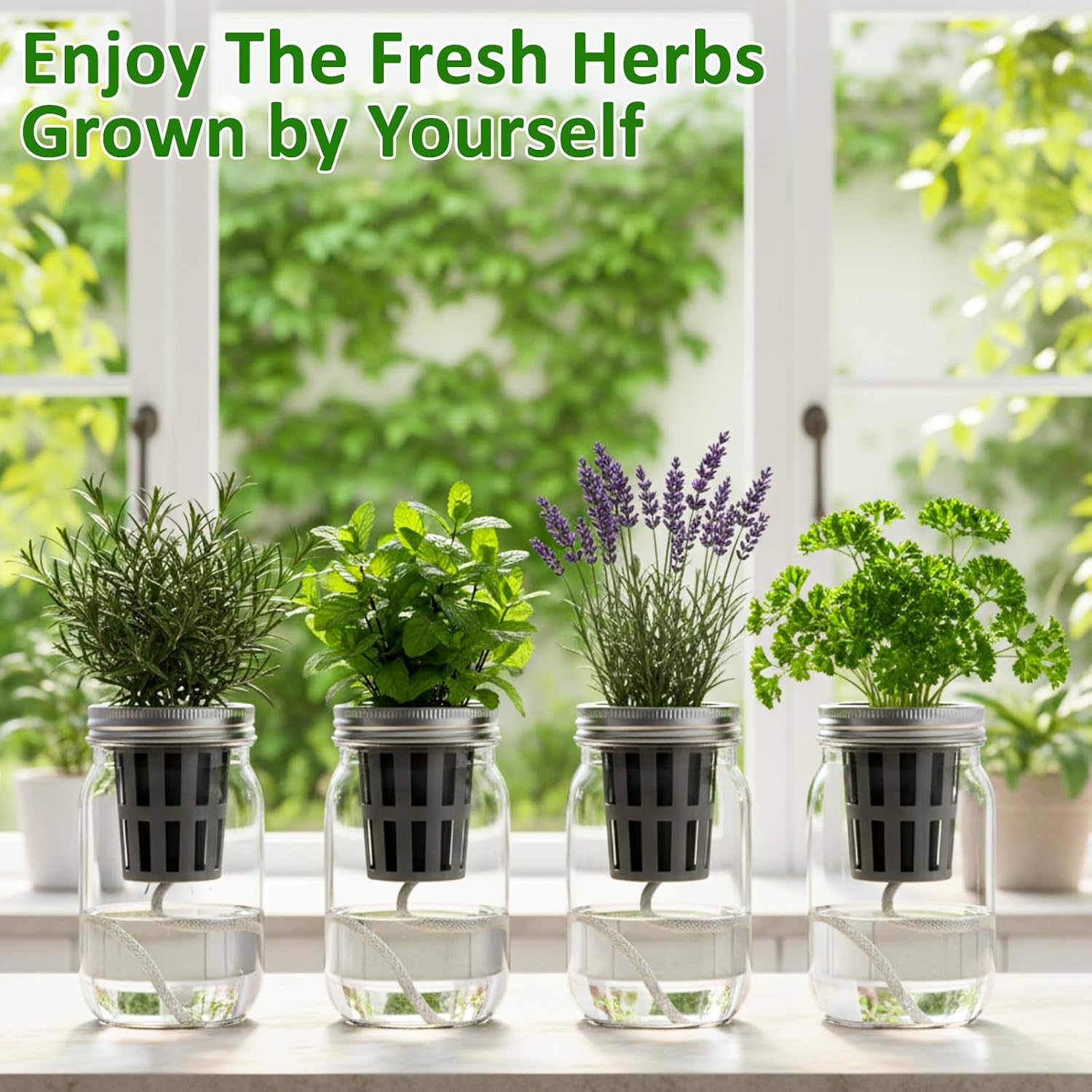 Teenyyou 12 Set Hydroponic Garden Mason Jar Kit Self Watering Herb Hydroponic Planter Starter Kit with Net Pot Garden