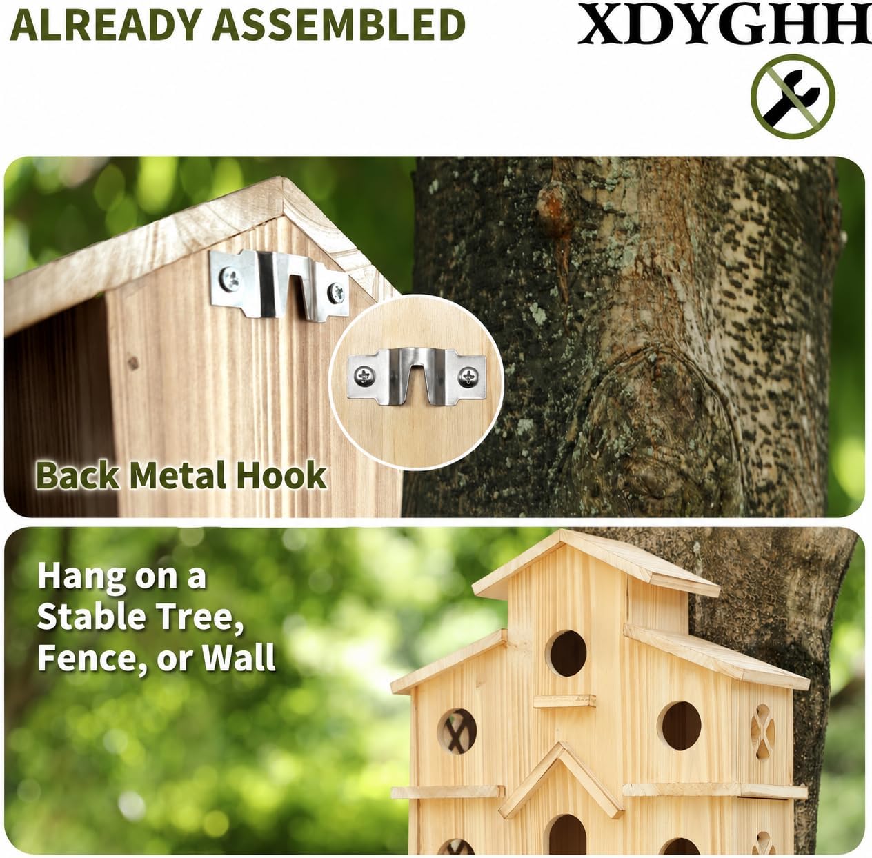 Bird Houses for Outside, 6-Holes Multi-Chamber Birdhouse for Finches Wrens Chickadees, 1.37" Entrance Holes, Decorative