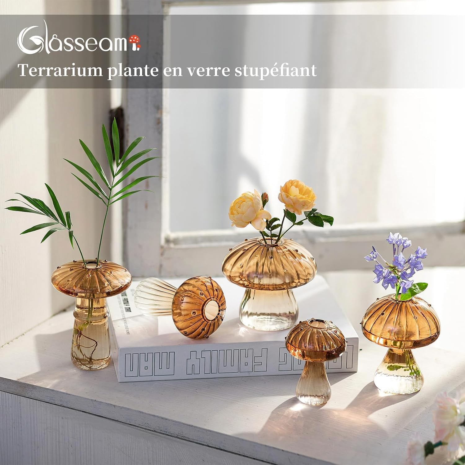 Glasseam Mushroom Glass Propagation Station, 5Pcs Amber Plant Terrarium Jar | Handmade Small Hydroponic Planters
