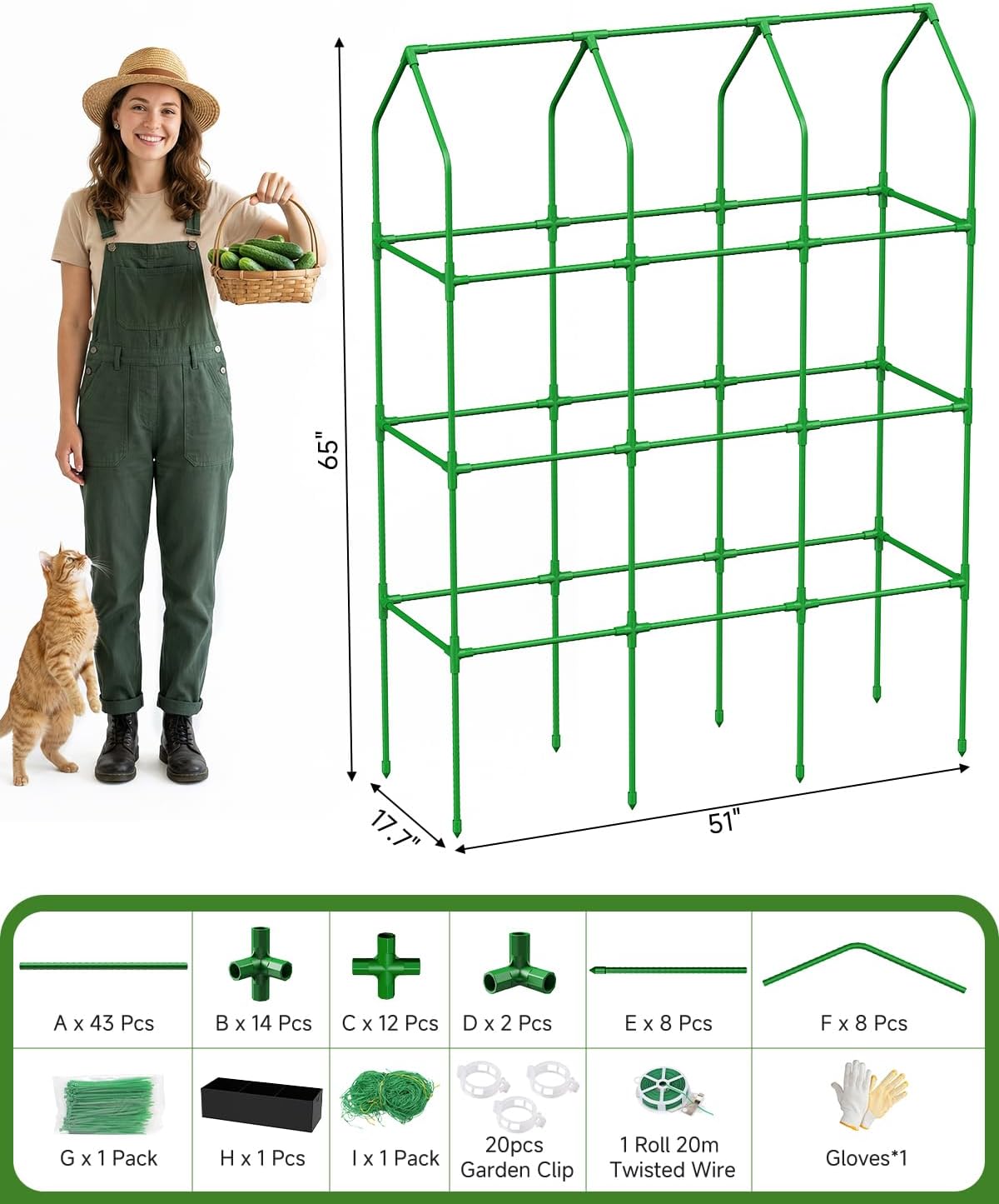 65" Cucumber Planter with Trellis for Climbing Plants Outdoor, Metal Garden Trellis for Raised Bed, Plant Support
