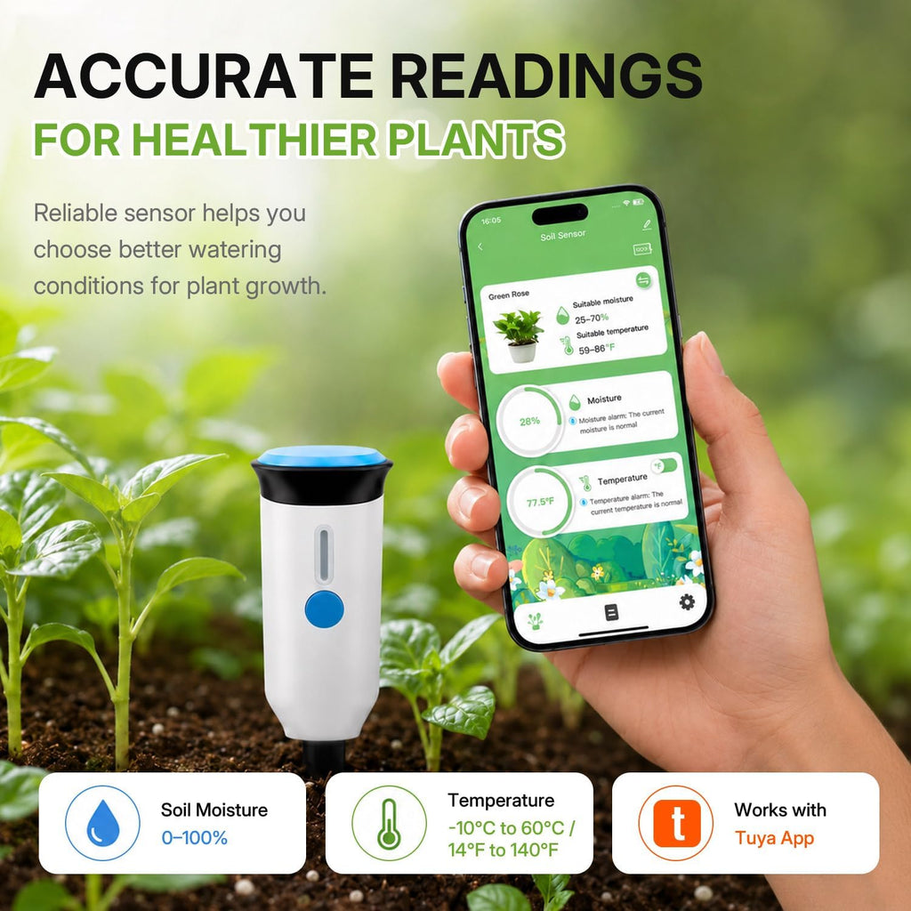Mcbazel WiFi Smart Soil Tester, No Hub Needed, Tuya/Smart Life App | Soil moisture & air temp, IP66 waterproof, 2 AA