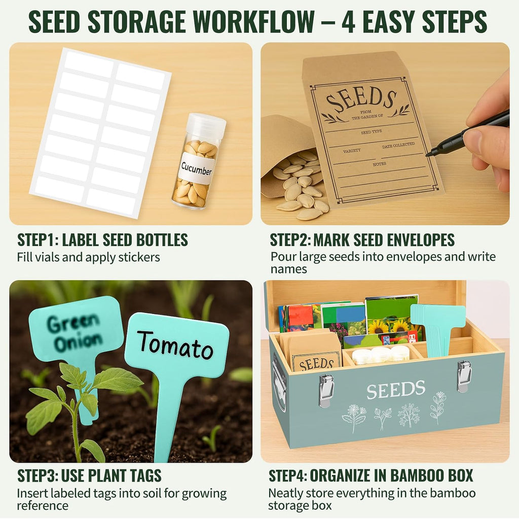 Large Bamboo Wood Seed Storage Organizer Box with Lid, Double-Layer Seal Design Seed Saving Box with 304 Stainless