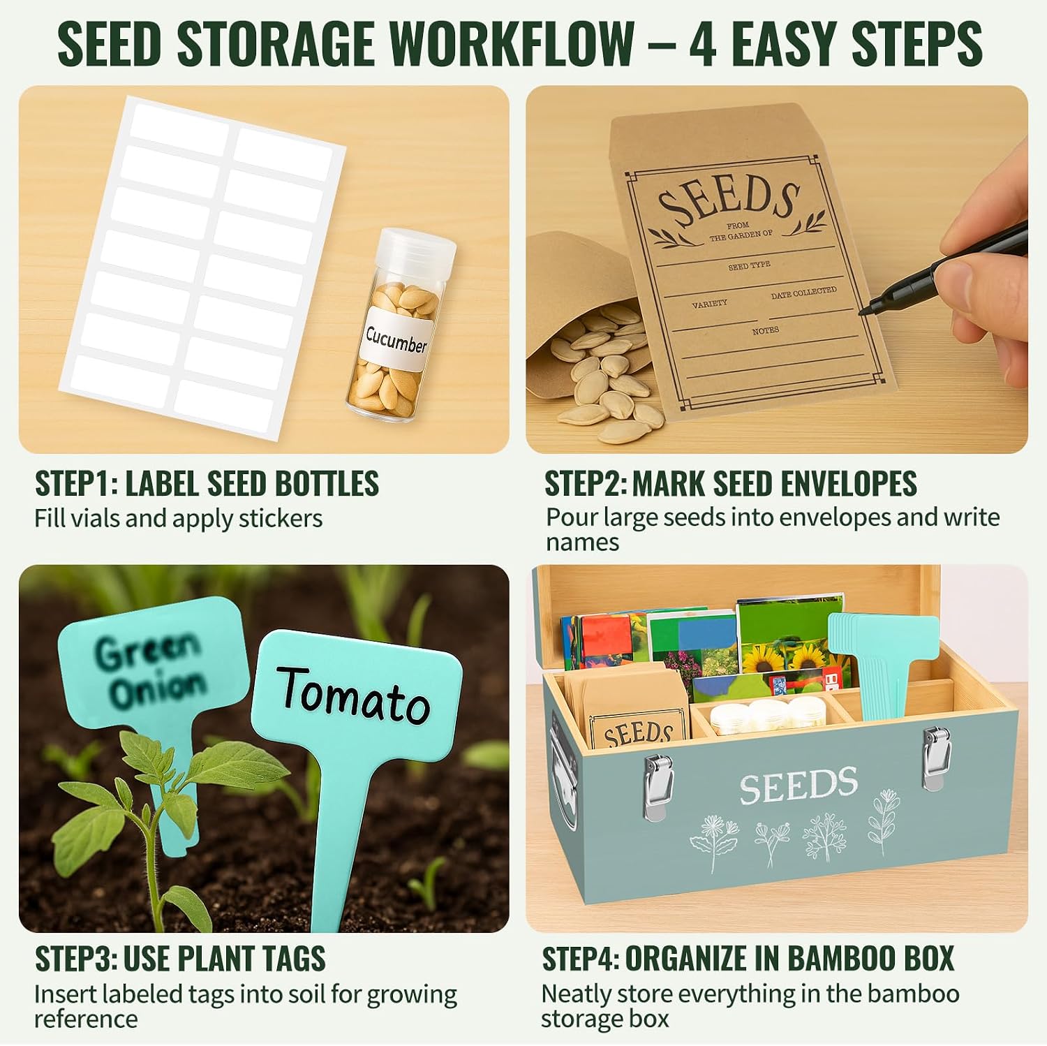 Large Bamboo Wood Seed Storage Organizer Box with Lid, Double-Layer Seal Design Seed Saving Box with 304 Stainless
