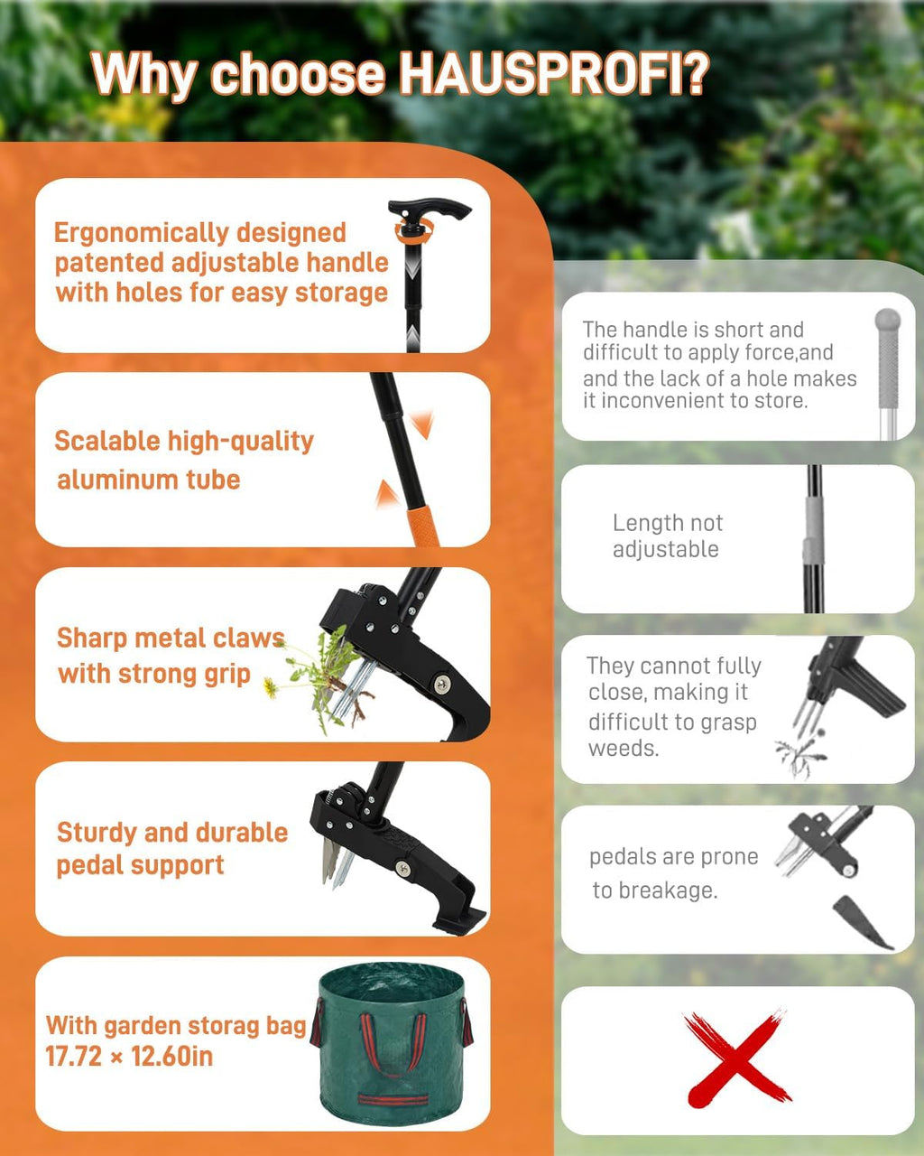 Stand Up Weed Puller Tool with Adjustable Long Handle and 50L Garden Bag | 36″-46″ Adjustable Handle | Heavy Duty