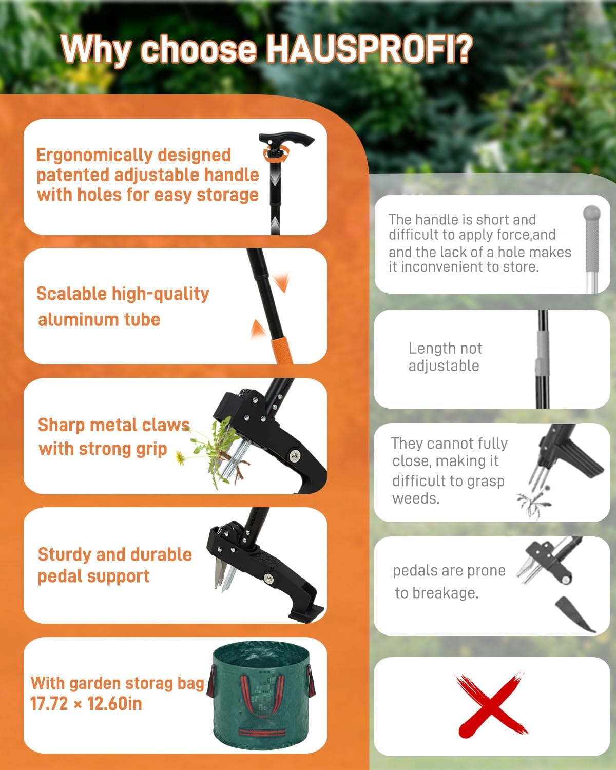 Stand Up Weed Puller Tool with Adjustable Long Handle and 50L Garden Bag | 36″-46″ Adjustable Handle | Heavy Duty