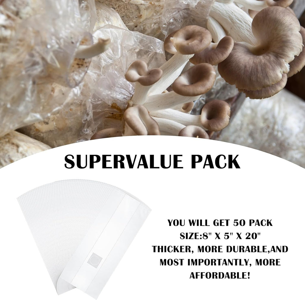 Lemecima 50-Pack Autoclavable Mushroom Growing Bag Bulk with Microporous Filter Patchs - Large 8"x5"x20" Extra 6 Mil