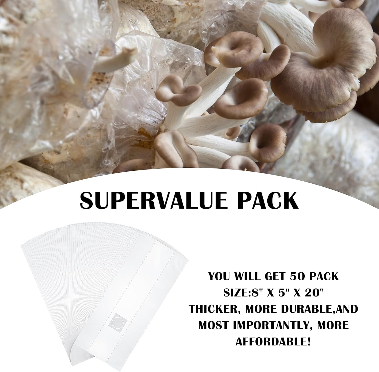 Lemecima 50-Pack Autoclavable Mushroom Growing Bag Bulk with Microporous Filter Patchs - Large 8"x5"x20" Extra 6 Mil