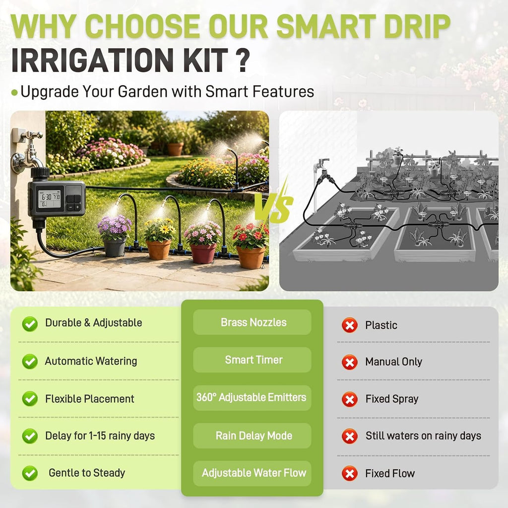 66FT Drip Irrigation System with Water Timer, Automatic Garden Watering Kit | with Flexible 360° Bendable Tubing and
