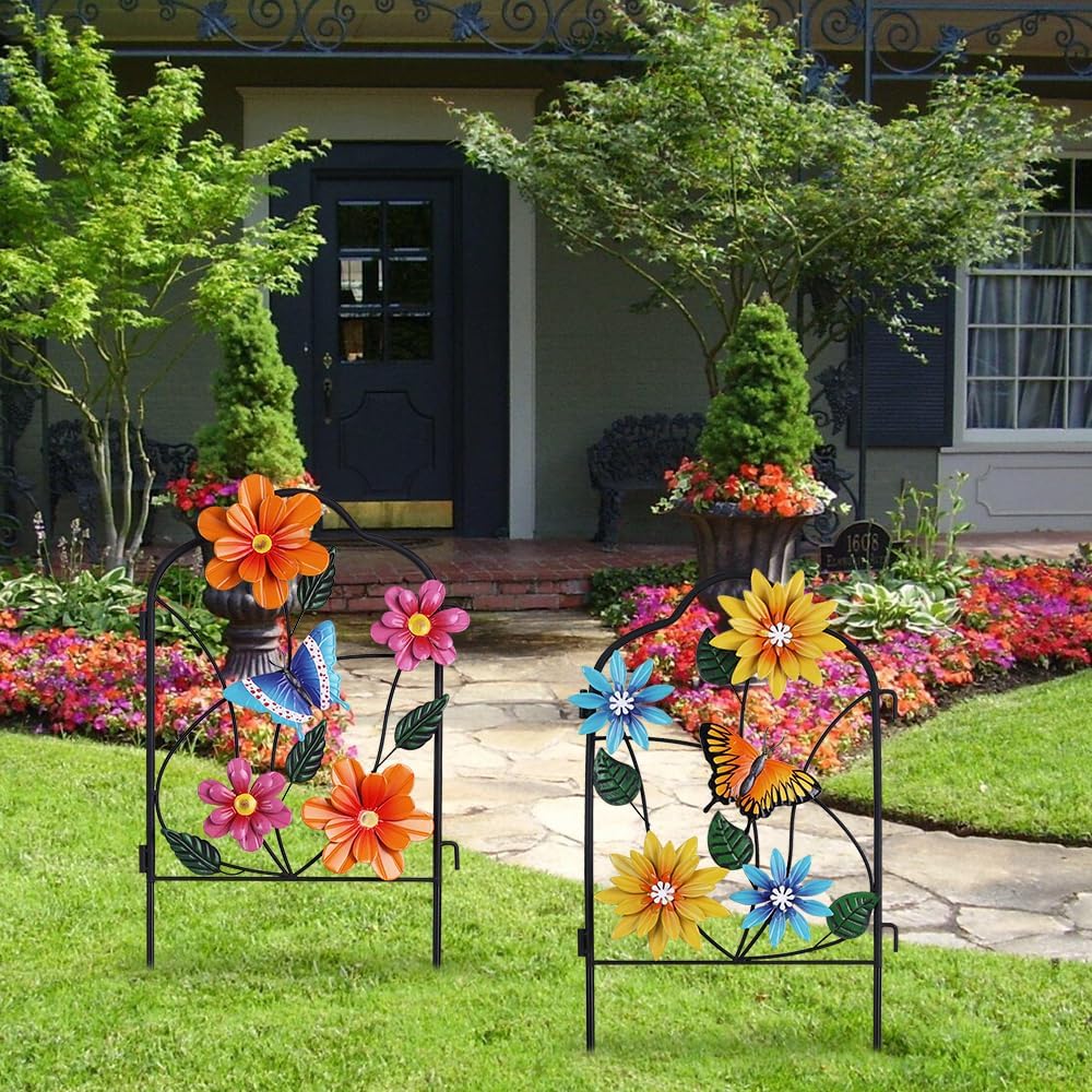 hogardeck Garden Decor for Outside, Set of 2 Metal Fence Decorative Garden Stakes with Flowers for Spring Decor, Yard