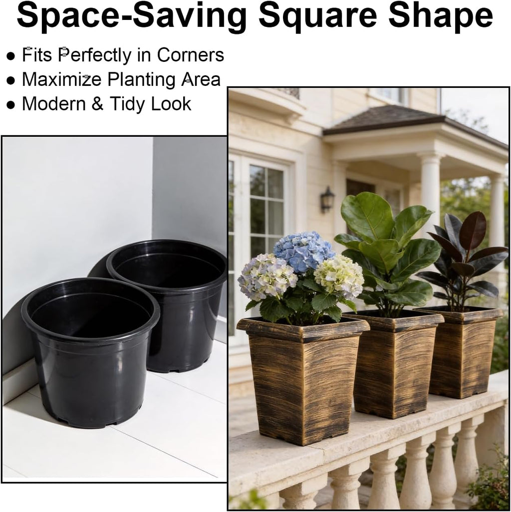 10 Inch Tall Outdoor Square Planter - 4 Pack Vintage Gold Faux Metal | Plant Pot with Drainage Holes & Raised Feet, 13"