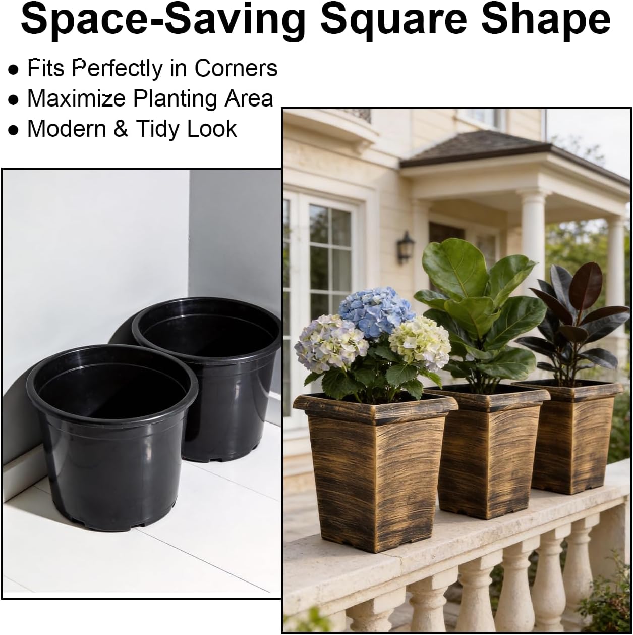 10 Inch Tall Outdoor Square Planter - 4 Pack Vintage Gold Faux Metal | Plant Pot with Drainage Holes & Raised Feet, 13"