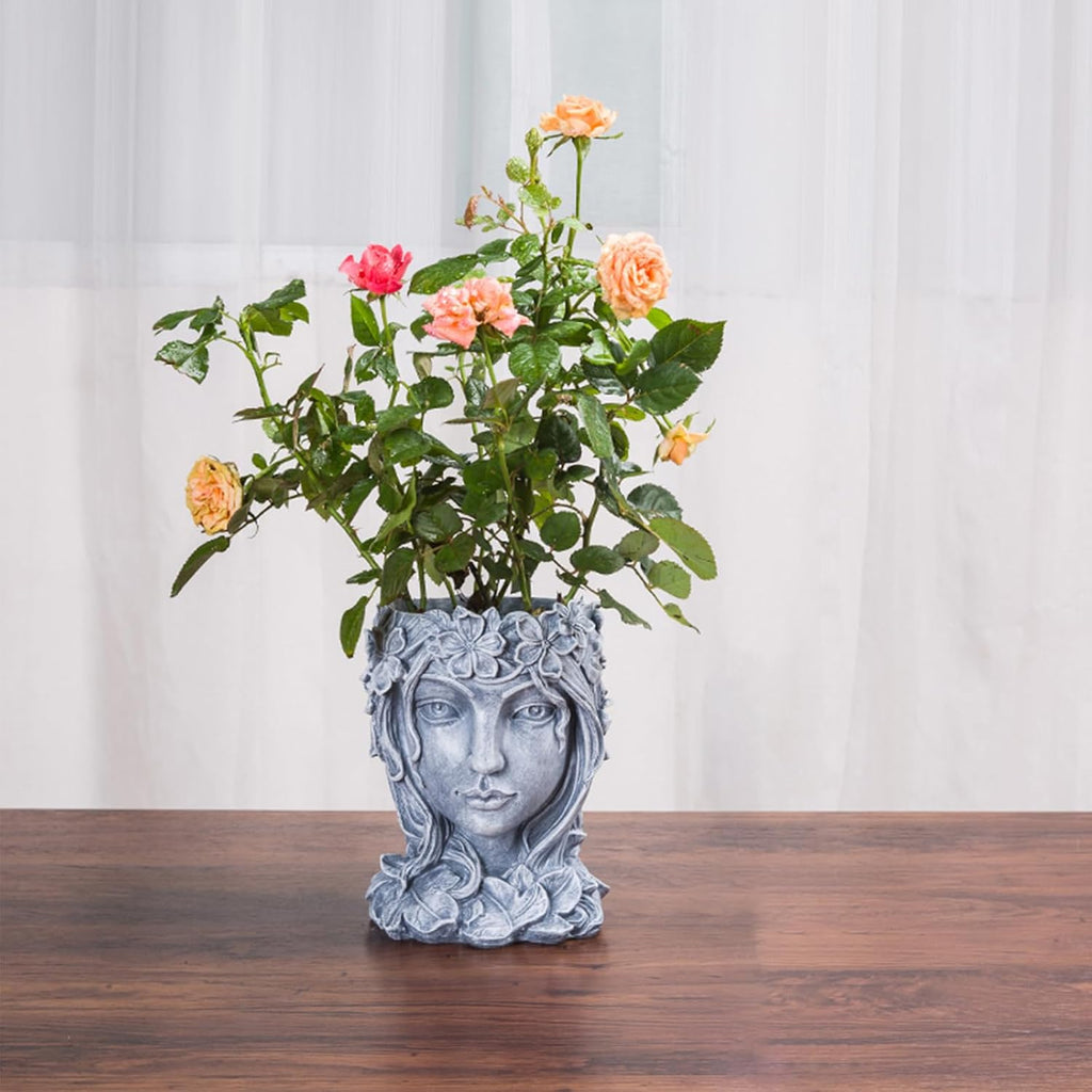 Face Flower Pot Head Planter with Drainage Hole,Cute Resin Goddess Face Planters Pots Opend Eyes (Goddess Gray(Large))