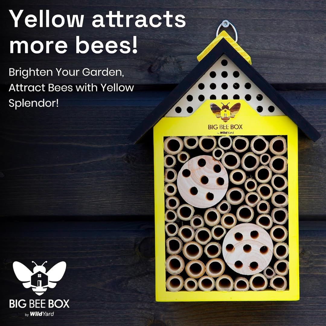 Bee House for Garden - Yellow with Nesting Tubes, Easy Mount | Wooden pollinator hotel with removable nesting tubes
