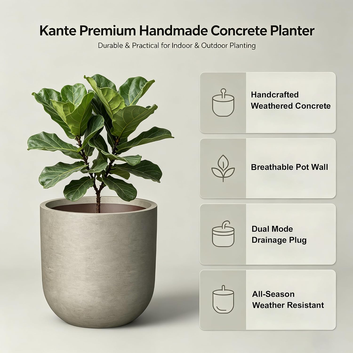 Kante Small Round Capsule Weathered Concrete Planter 11" Dia, Outdoor | Rubber Plug for Indoor, Drainage for Garden