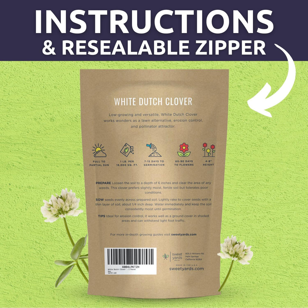 White Dutch Clover - Bulk 1 Pound Pouch - 600,000 Flower Seeds for Planting - Trifolium repens