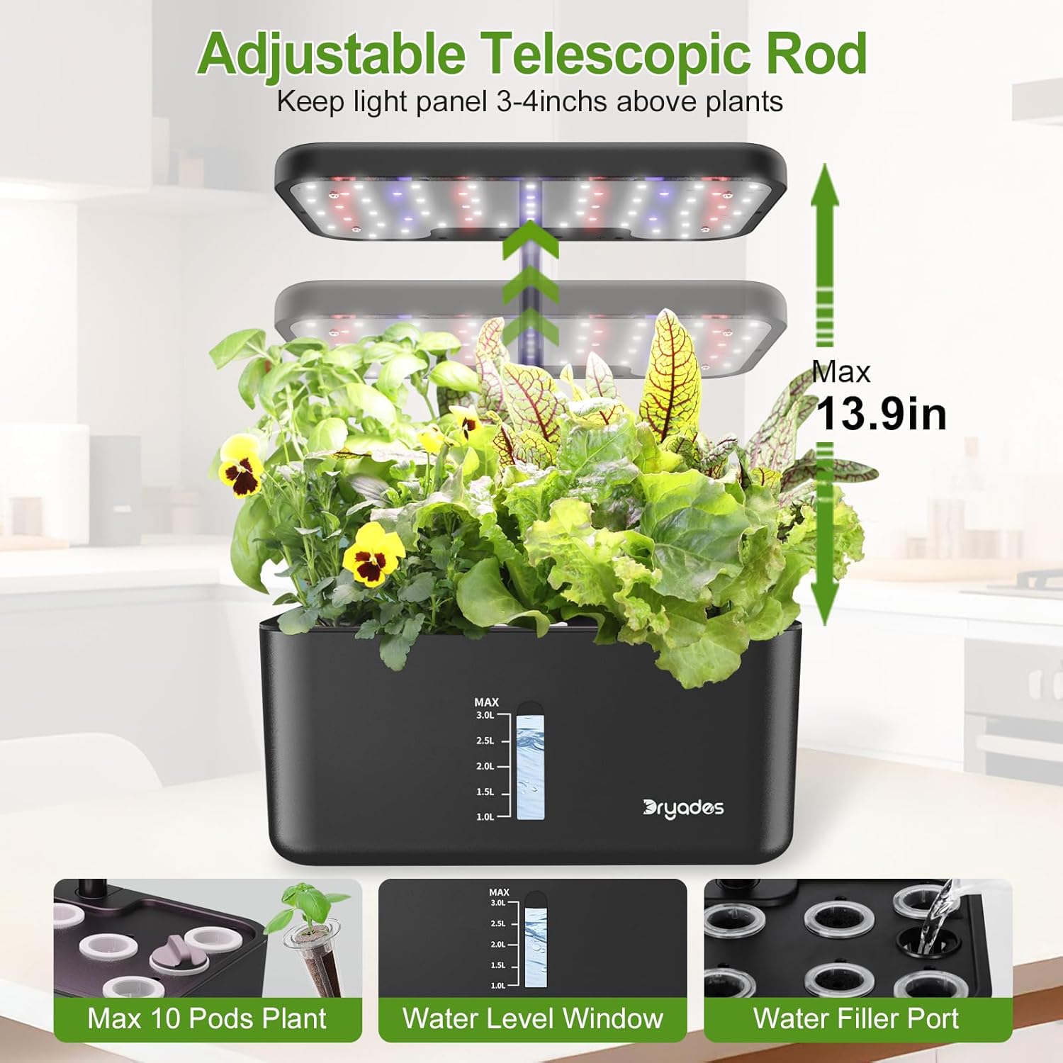 Indoor Garden 10 Pods Hydroponics Growing System w/LED Grow Light | Plant Germination Kit, Smart Quiet Pump, Adjustable