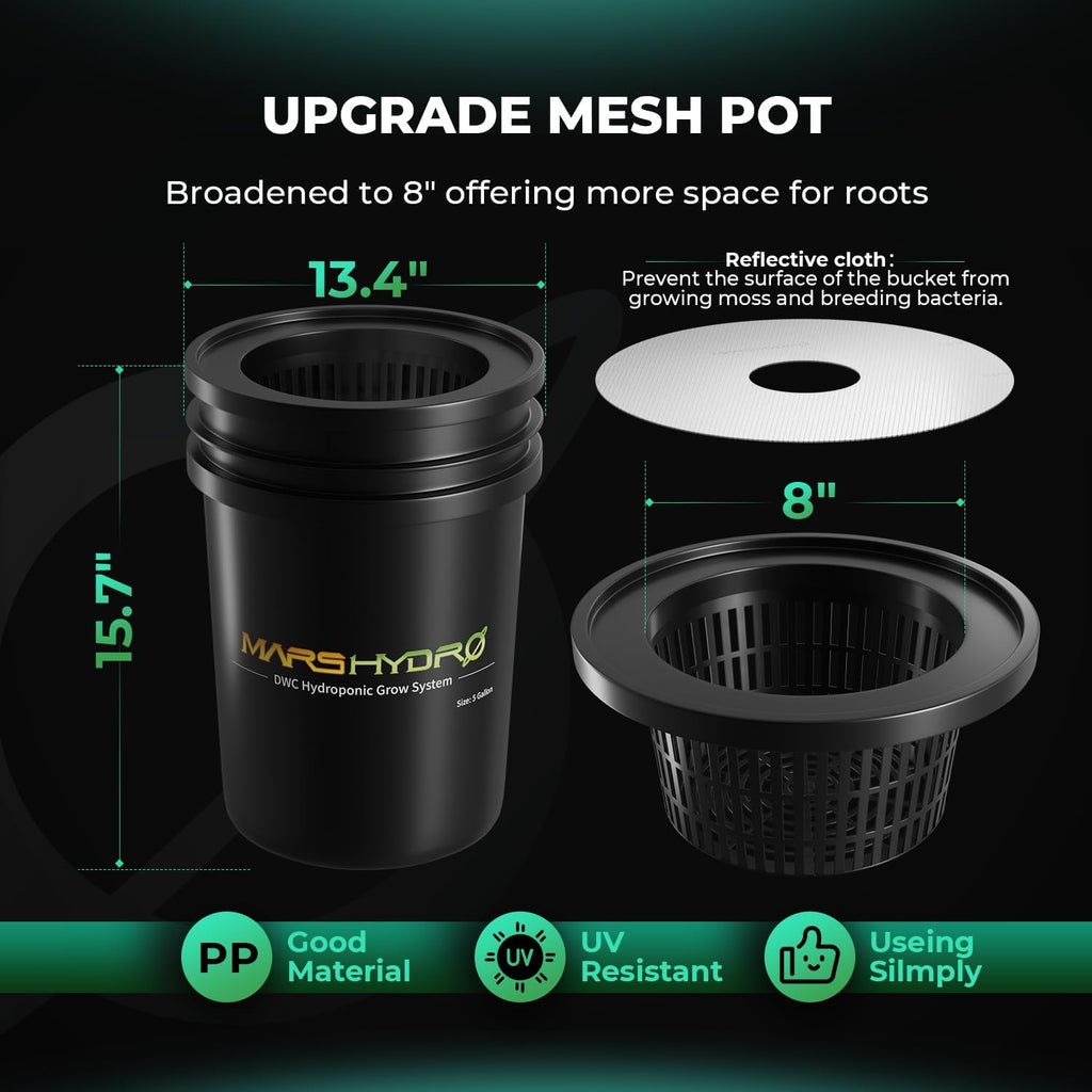 Mars Hydro DWC Hydroponics Grow System 5 Gallon Deep Water Culture with 8W Air Pump, Multi-Purpose Air Hose, Air Stone