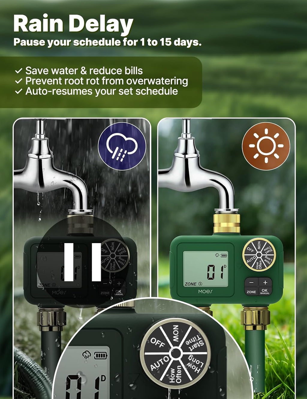 MOES 2 Zone Water Timer, Brass Fittings, Rain Delay, No Wi-Fi Required | 2 Independently Programmable Outlets With 3/4