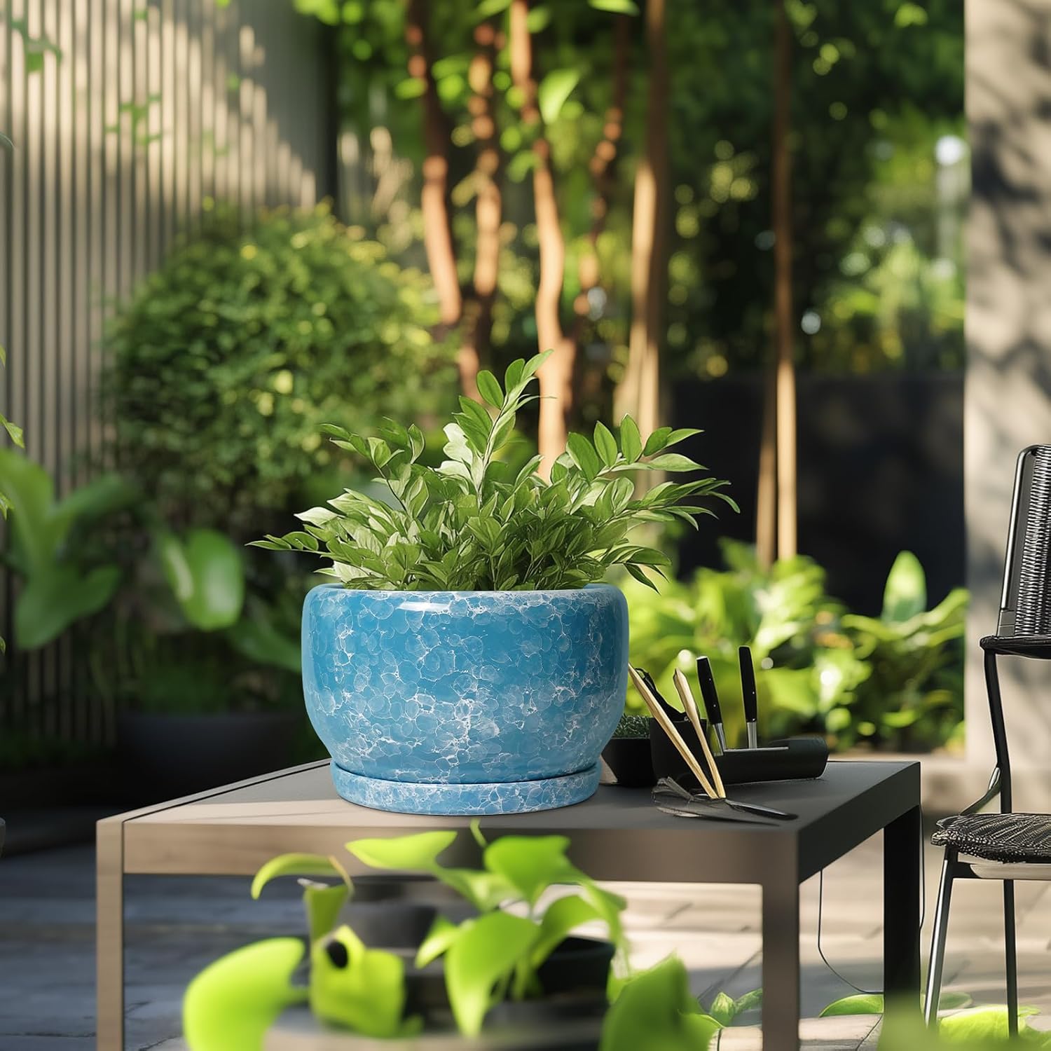 SQOWL Ceramic Planters - 10 Inch Plant Pot Indoor with Drainage Hole and Saucer, Decorative Flower Pot Outdoor, Round